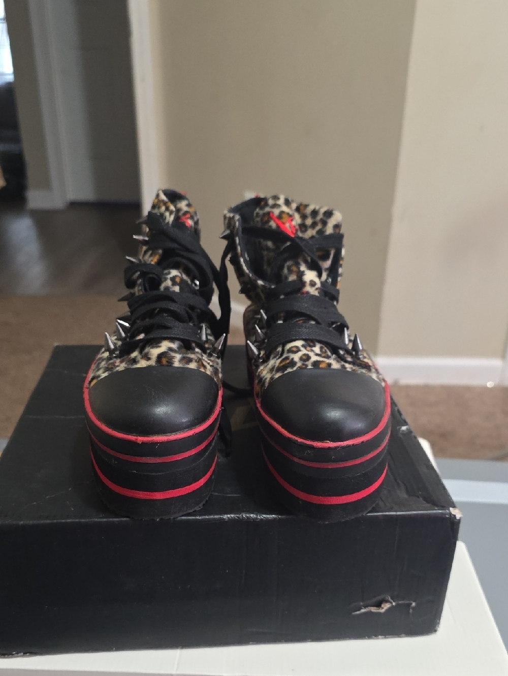 Leopard Spike Platform Sneakers with Red Accent